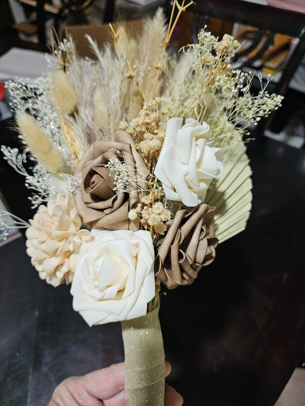 Boho Neutral Faux Floral Bridesmaid Bouquet 4 in Cream and Tan